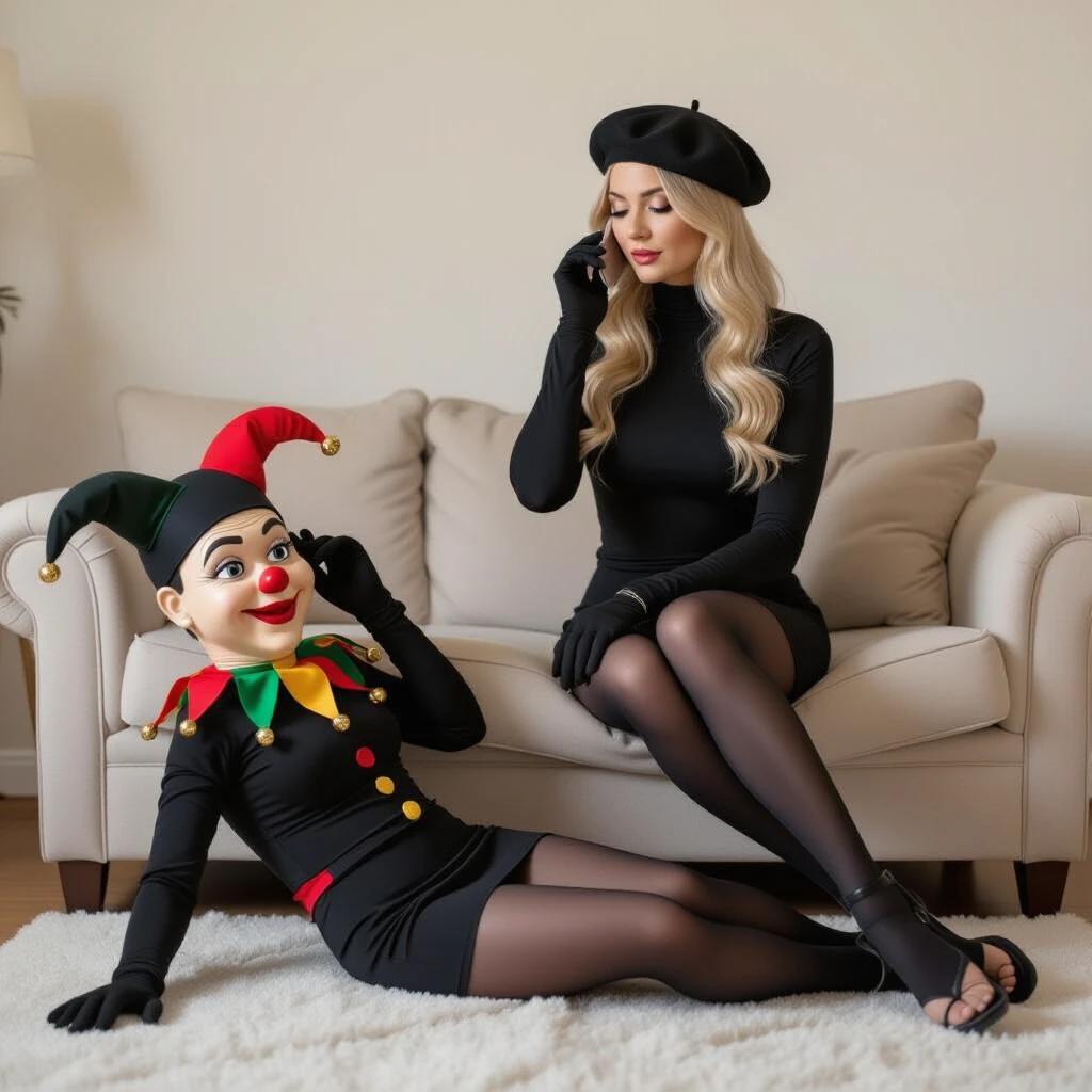 A beautiful serious forty years old blonde woman is sitting on a sofa making a phone call. She wears a skin-tight long sleeve black T-shirt and black mini-skirt with a Basque-like black beret. She has black gloves and black tights. In front of her is a jester-like puppet lying on the floor with its back down, bending its head down. The scenario is a stylish room.
