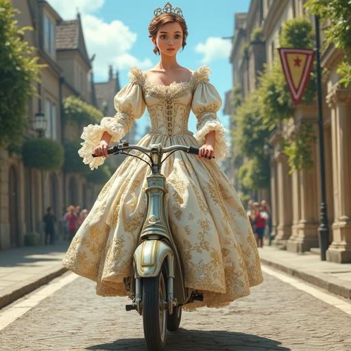A princess cycles on a moped dressed in a lavish off-white silk gown. The gown features intricate gold and silver lace trim with plant patterns. The setting is a picturesque 18th-century English castle town. The scene captures surprised city dwellers witnessing the princess, adding dynamic movement to the atmosphere. The artwork showcases a high-resolution detailed illustration with a right-angled perspective in a Japanese anime style.