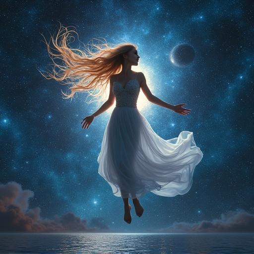 A mermaid swimming in the stellar outer space with stars and planets