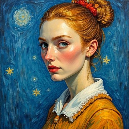 Woman with red hair wearing yellow dress. Portrait in a style reminiscent of Vincent van Gogh. Background features swirling stars and bright colors. Face expressive and captivating.