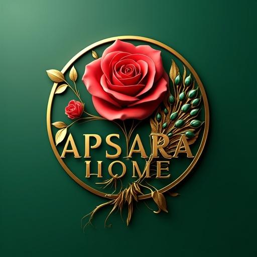 Mesmerizing 3D render of the Apsara Home logo featuring a captivating rose motif and a gold peacock. The rose and peacock are within a refined gold text. The logo has elaborate gold inlays against a green backdrop. The design highlights beauty and progress with bold colors and vibrant elements harmonizing modernity and classical charm.