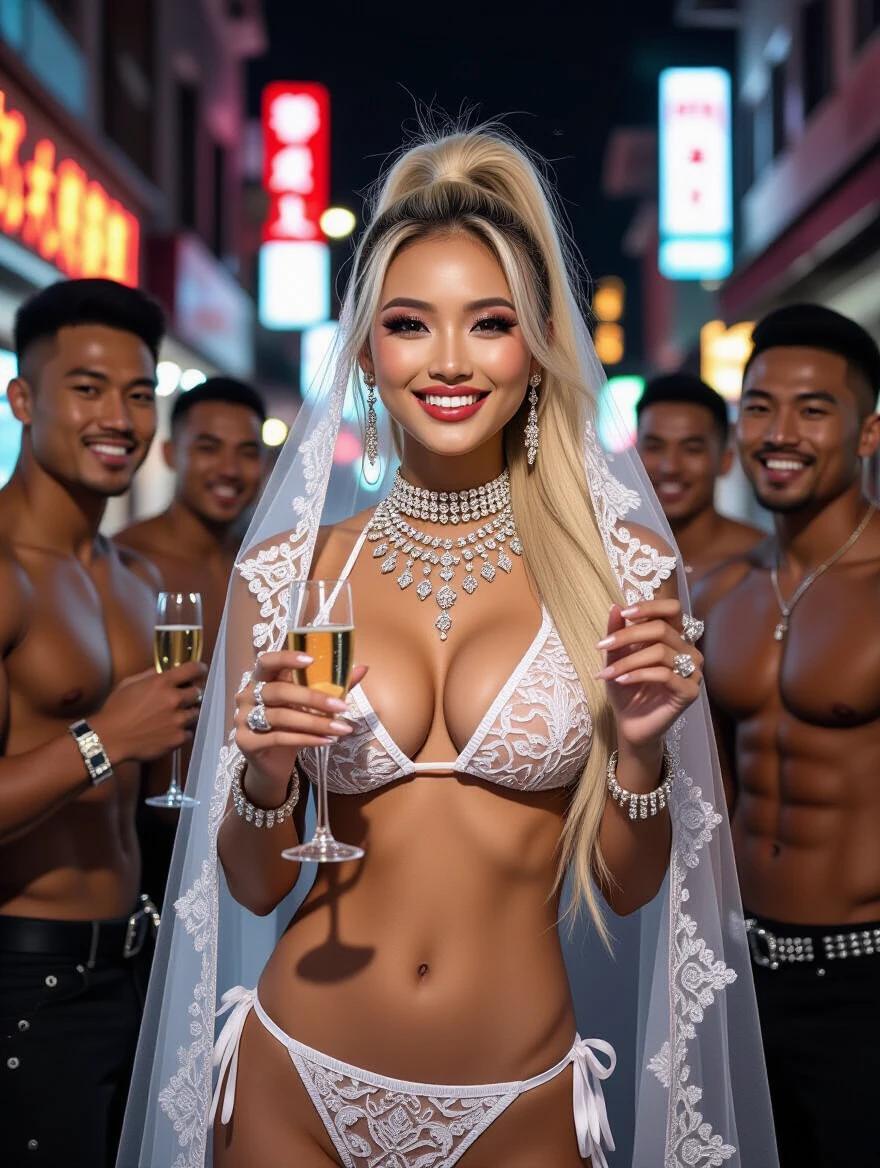 A stunning Asian model appears in an edgy wedding bikini. The setting is a narrow street filled with vibrant colors. A high blonde ponytail complements her heavy crystal jewelry. She wears a veil and has bright makeup. The model smiles and appears tipsy while holding a glass of champagne. She poses with a group of muscular friends.
