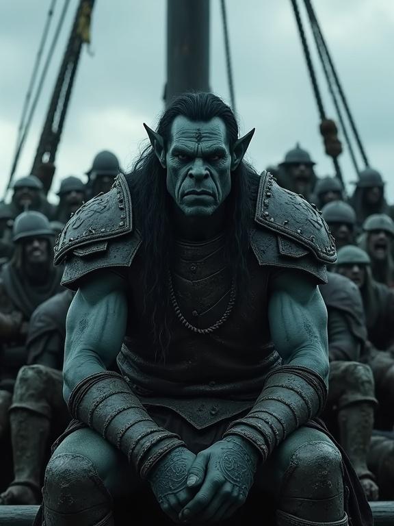 Photorealistic cinematic film still with an imposing orc chieftain. Orc has dark greyish-blue skin, pointed ears, and long dark hair. He wears rugged dark armor. Surrounded by orc warriors on a large sailing ship. Background shows ship rigging against a bleak sky. Gritty dark fantasy atmosphere with highly detailed character features.