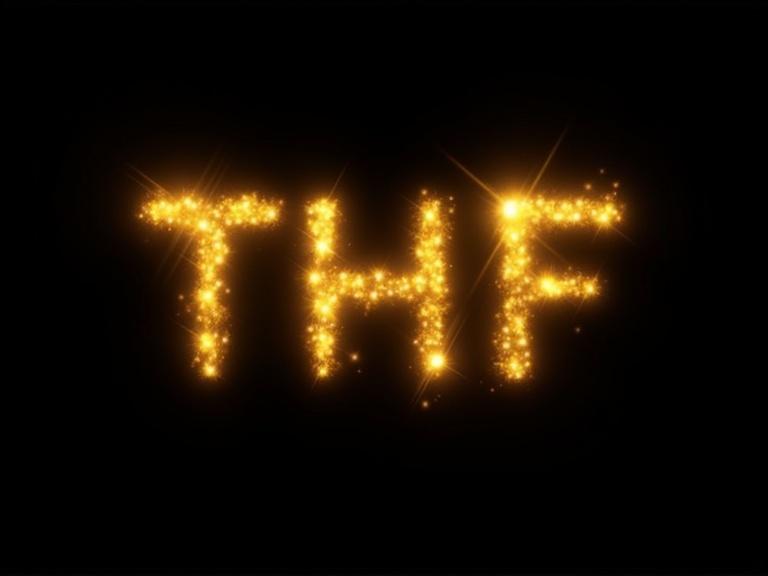 Text design features the words 'THF'. Black background. Font is psyché. Glows yellow. Resembles a bright star. Blends beautifully with galaxy colors. Overall look is pretty and fancy.