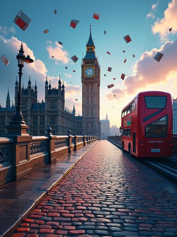 Fantasy scene featuring Big Ben and a red London bus with floating books. A medieval brick path extends into the horizon under a shiny blue sky. Hyper-detailed textures enhance the dramatic lighting.