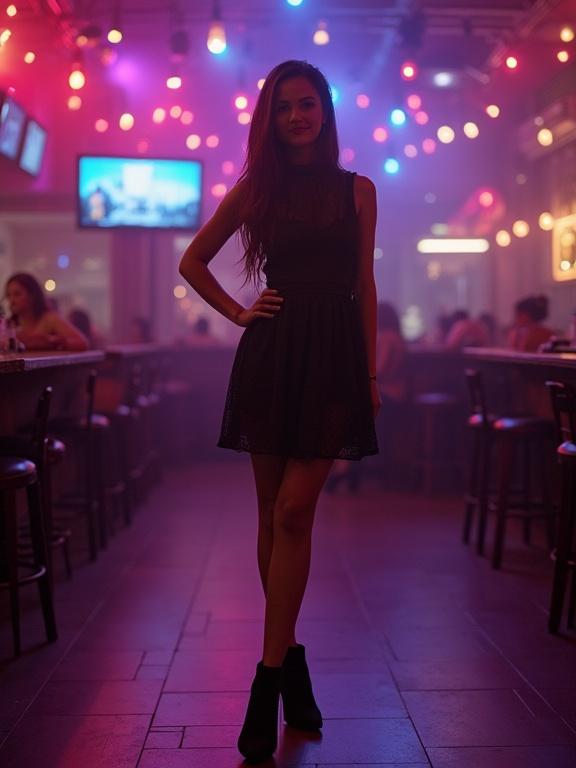 A young woman stands confidently in an empty nightclub. She wears a sleeveless minidress and high heels. The scene is filled with colorful lighting. She looks at the viewer with a confident smile.
