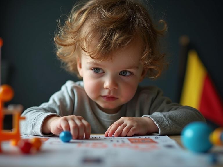 A toddler with curly hair plays with science toys placed on a table. The child has an intense gaze while focusing on mathematical formulas. A Belgian flag is subtly visible in the background. Soft lighting emphasizes the child's expression.