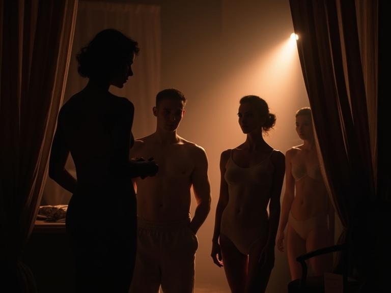 Performers preparing backstage in an intimate setting. Use a Lautrec-inspired nightlife color palette. Focus on dramatic and nostalgic ambiance. Spotlight highlights subjects framed by curtains. Soft diffused light enhances painterly shadow effects. Expressive contrasts in facial expressions among performers.