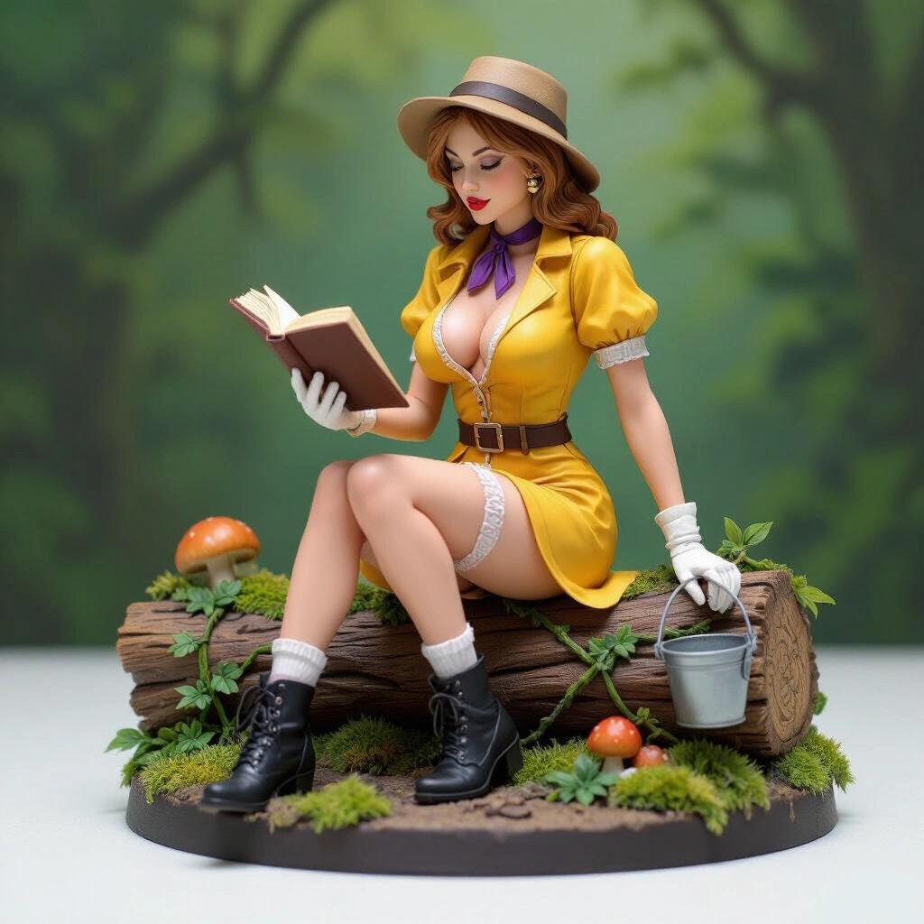 Ultra-detailed resin figure of a woman with light brown hair. Sensual, athletic body; young jungle explorer theme. Sitting on a log covered with moss and vines. Leaning forward while reading an open book. Wearing a classic yellow explorer dress with purple tie, plunging neckline, and slit skirt. Short white gloves and black ankle boots. Distressed white stockings and a small bucket hat. Hair in loose waves. Base decorated with tropical plants, jungle roots.