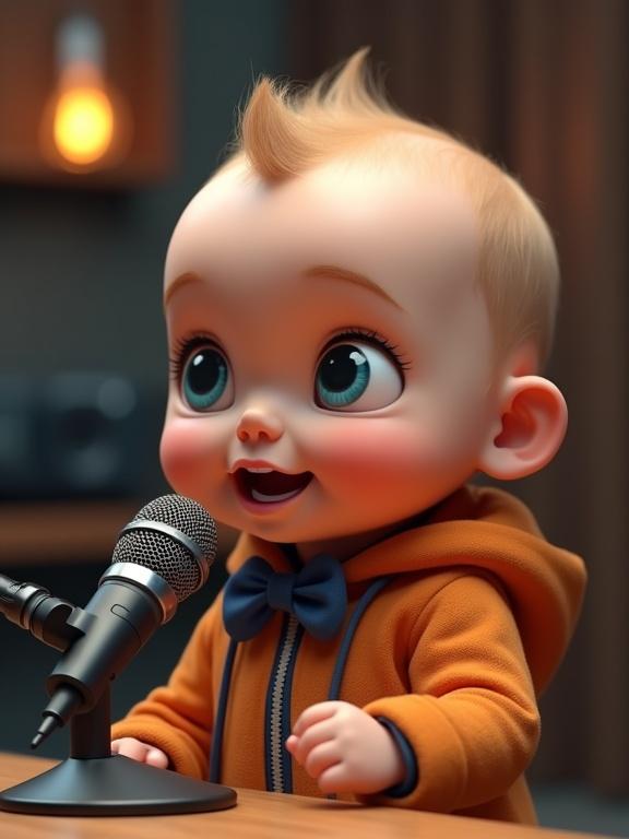 A humorous charismatic realistic AI baby avatar in a studio setting side view with studio equipment conducting a podcast. Baby speaking to a microphone. The baby wears a tiny bowtie or a hoodie. Expressive eyes with one eye possibly winking. Vibe is quirky fun full of personality about to share a hilarious hot take.