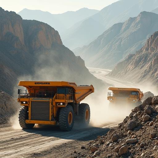 A large open-pit mining site with rocky terrain. Bright yellow autonomous mining trucks with company logos drive along marked routes. The trucks carry heavy ore loads. Dust swirls around their massive tires. Orange excavators with articulated arms load ore into the trucks. Dust clouds are in the sky from machinery. Rugged mountains are in the background. Sunlight creates sharp shadows across the area.