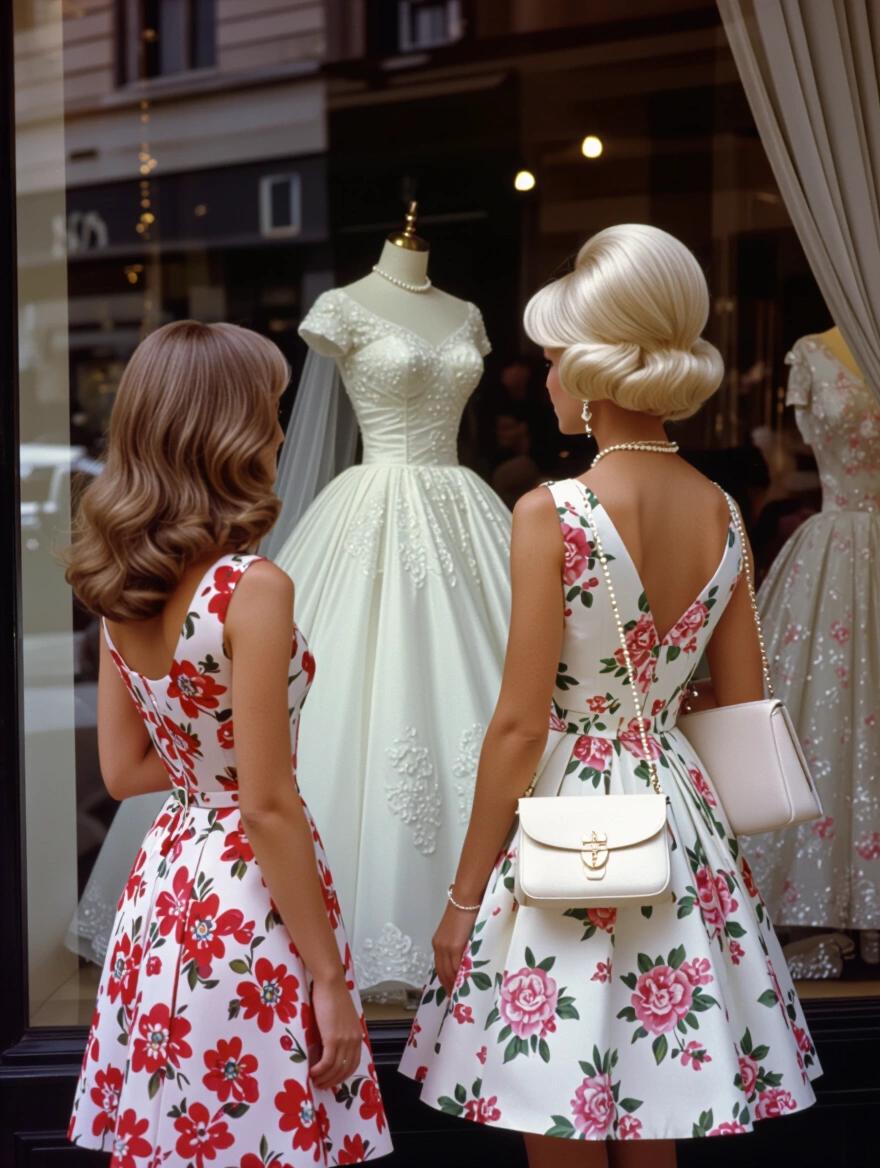 Two women in vintage dresses admire a wedding dress in a storefront window. One woman has a voluminous platinum blonde hairstyle. Both wear floral dresses with petticoats. The setting highlights mid-century sophistication. They are engaged in conversation. The scene is warmly lit and reflects leisure and elegance. The aesthetic resembles Slim Aarons' photography.