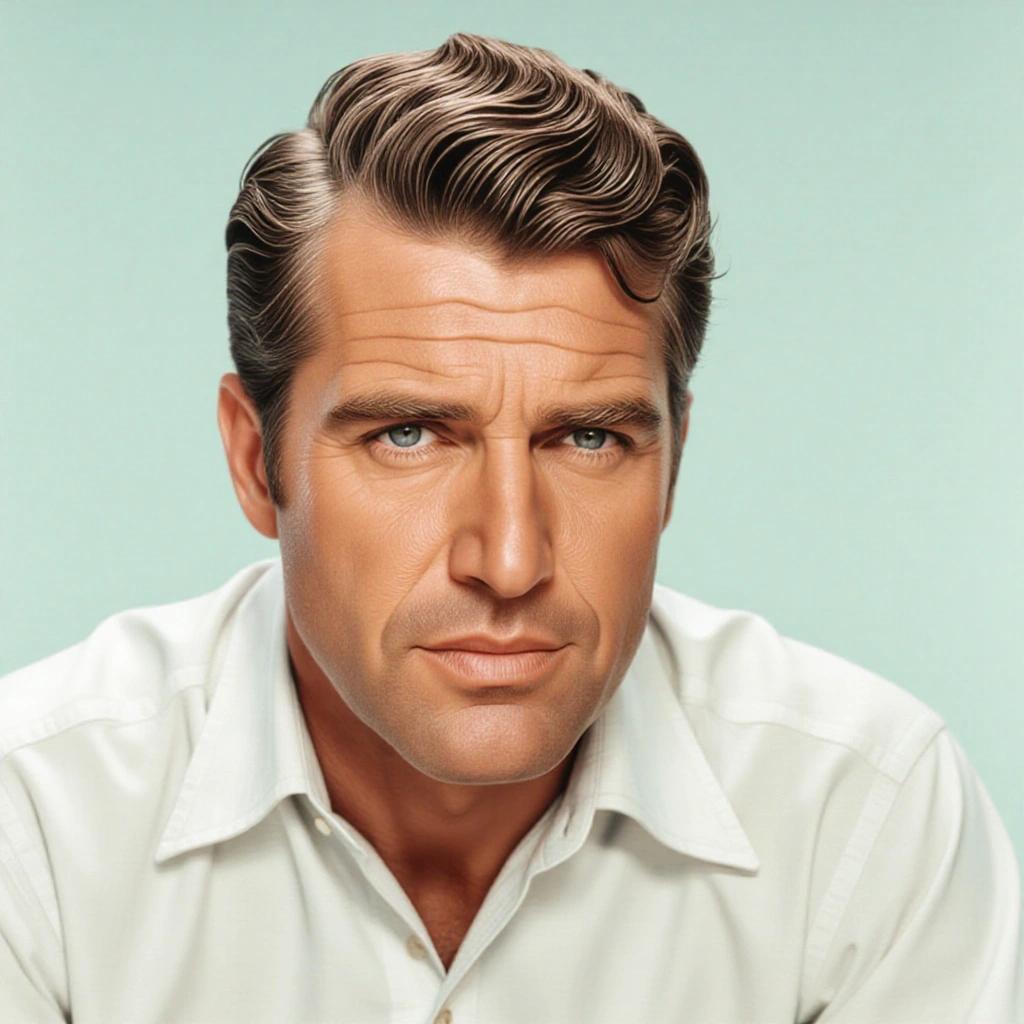 Portrait of a cinematic male with a classic Hollywood appearance. Show strong features and styled hair. Light background emphasizes subject.