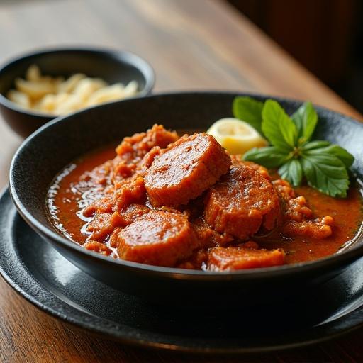 A traditional Indonesian rendang dish served in a bowl with side garnishes of lemon and mint leaves. A soft background that emphasizes the food's colors and textures.