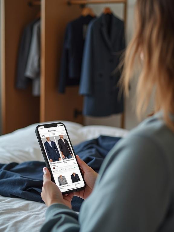 Busy startup founder preparing for the day wearing comfortable attire. Business clothes laid out on the bed. Open wardrobe visible in background. Person using phone with virtual stylist app displaying outfit recommendations.