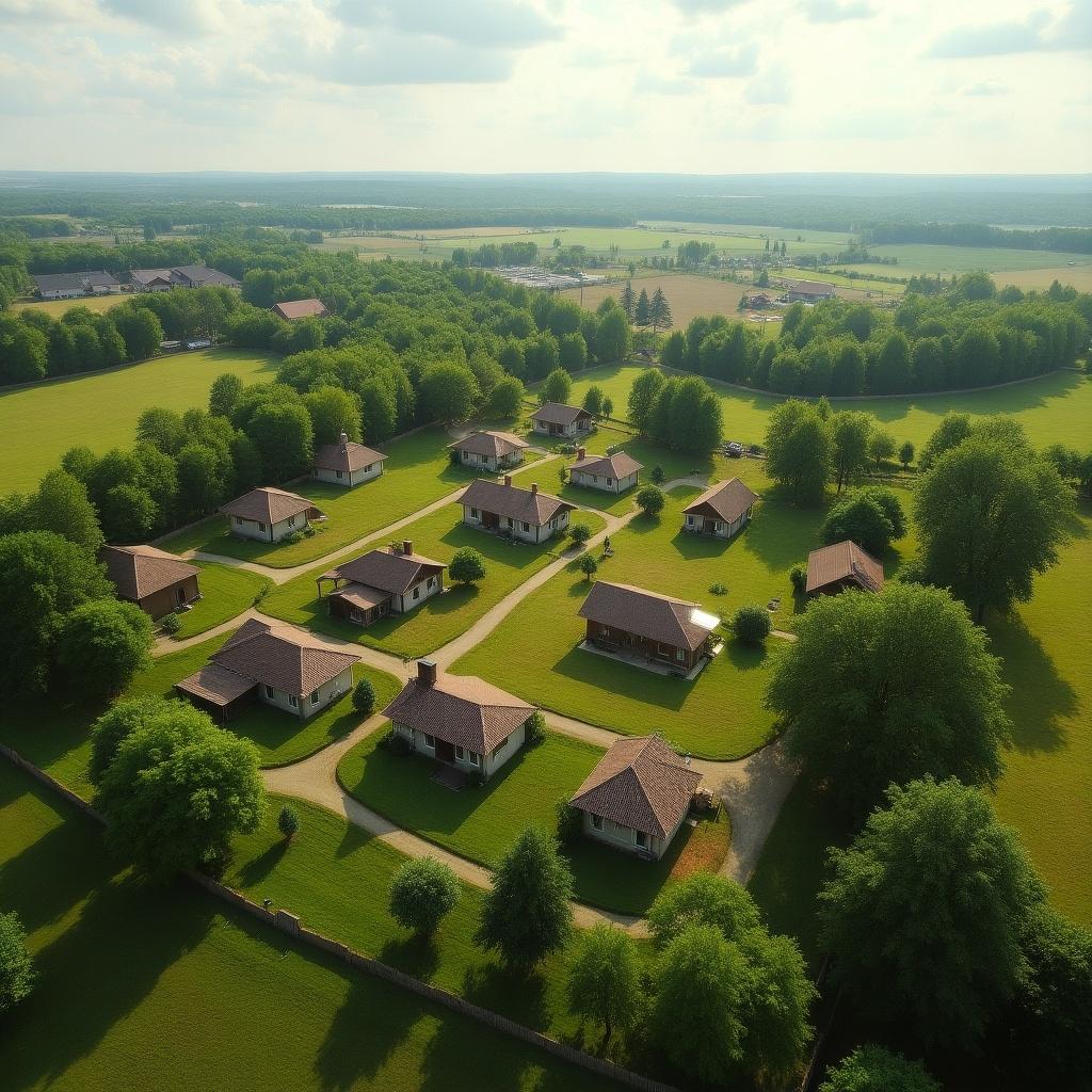 Aerial view of a farm with multiple small houses surrounded by trees and grass fields