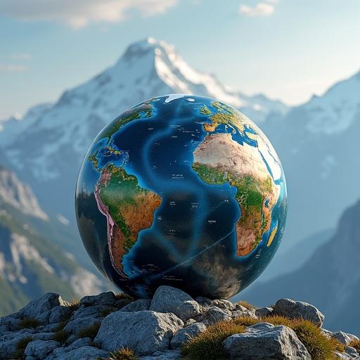 A detailed and vibrant globe placed on a rocky mountain with snow-capped peaks in the background