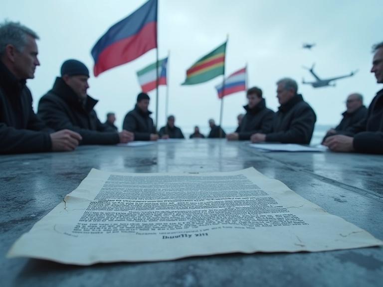 Tense geopolitical scene with a worn Antarctic Treaty document on a cold metal table. Shadows of political figures surround the table. Animated flags of countries flutter above ice stations. Drones and satellites scan the terrain. Atmosphere shows quiet escalation with visual tension hinting at conflict. Dark cinematic style, 16:9 aspect ratio.