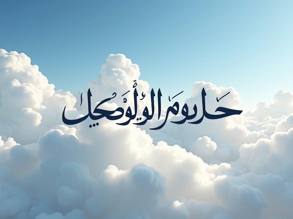 The image features a backdrop of cumulus clouds against a blue sky, filling most of the visual space. Superimposed over the clouds is Arabic script, which appears to represent a religious or poetic text. The scene gives a sense of tranquility and spirituality, possibly invoking themes of faith or contemplation. The clouds are large and fluffy, with a gentle gradation of white and gray tones. The overall composition suggests serenity and reflection.