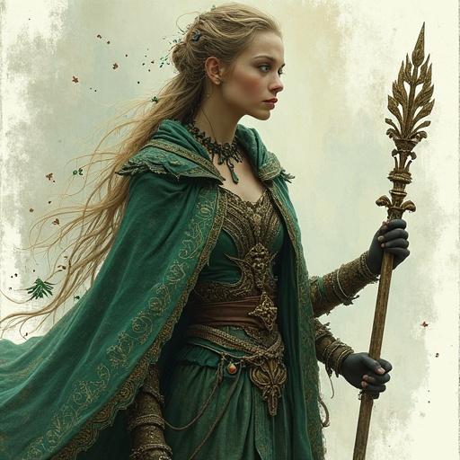 A fantasy warrior-poet blends arcane magic and primal druidic elements. She stands with a scepter, wearing intricate armor and a druidic cloak. The artwork features a blend of Gothic art and paint-drip surrealism with a mystical atmosphere. Her surroundings include hints of ancient temple ruins and whispers of folklore.