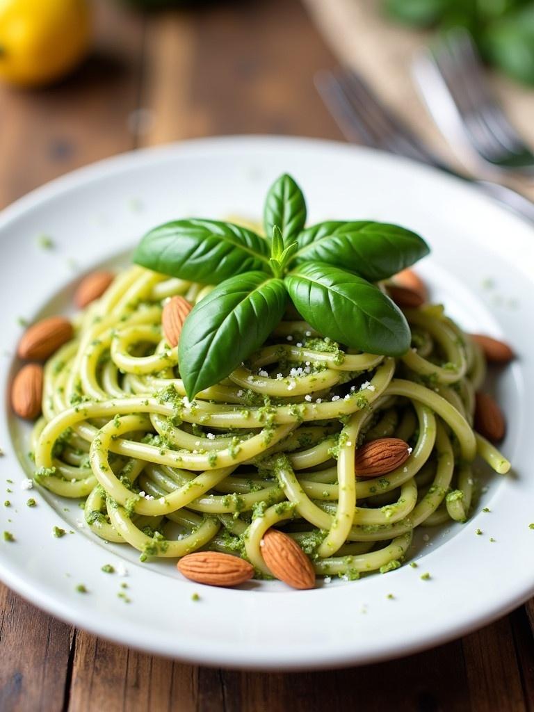 A plate contains fettuccine pasta tossed in vibrant green pesto sauce. Fresh basil leaves sit atop the pasta. Almonds are scattered around the dish. Plate is white. Background features a rustic wooden table. The setup is inviting and appetizing.