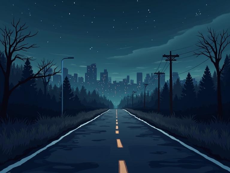 Pixel art depicting a road at night. The scene shows an empty road centered on the image leading into an abandoned city with skyscrapers. The background features a dark sky and scattered stars. The color scheme is moody and dark, reflecting a deserted urban environment.