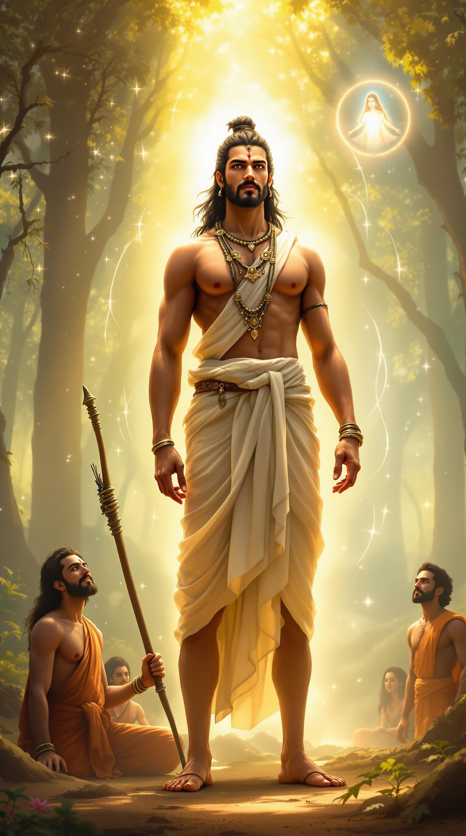 The image depicts a serene and triumphant moment from the Mahabharata, where Arjuna regains his true form after a year of incognito exile as Brihannala. He stands tall in a simple yet regal dhoti, surrounded by a soft, celestial light that signifies the end of Urvashi’s curse. His Gandiva bow rests beside him, symbolizing his return as a warrior. In the background, a tranquil forest clearing is illuminated by soft sunlight filtering through the trees, casting a golden hue. The expressions of the Pandavas and Draupadi are filled with joy and relief, marking the significance of this moment of renewal and resolution.