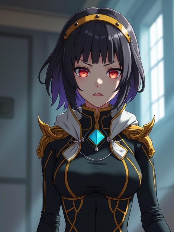 Anime character with black and gold outfit. Serious expression. Red eyes and short black hair with purple tips. Detailed attire with jewel accent. Soft lighting illuminating the character's features.