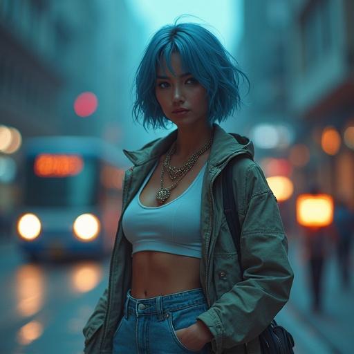 A confident young woman with short blue hair in urban setting. She wears a crop top and shorts and holds a modern rifle. Background features a broken-windowed school bus and zombies. The atmosphere is dark with dramatic lighting.