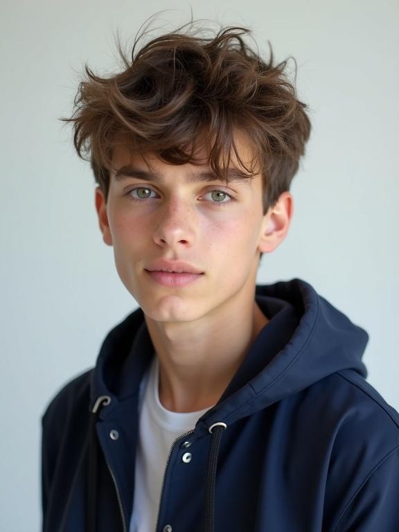 A teenage boy with a trendy, messy hairstyle. He wears a jacket in a dark color. The background is white or light gray. Highlights include his high cheekbones, small nose, and green eyes. The boy has a youthful look and subtle smile.