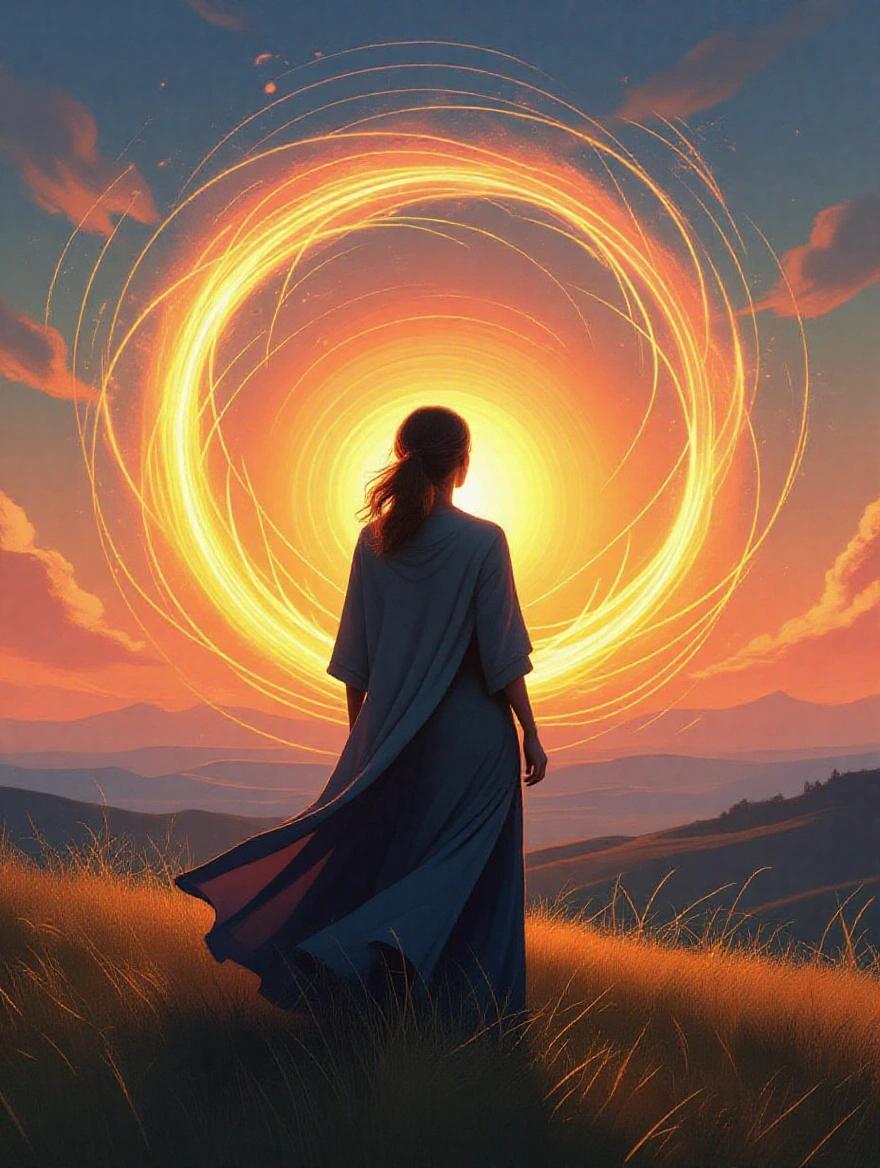 A vibrant empowered woman aged 45-55 standing confidently facing a radiant sunrise. Swirling glowing light around her represents transformation and energy. The mood is hopeful and positive.