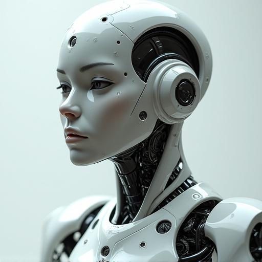 Futuristic humanoid robot with sleek design. Displays intricate robotic structures and detailed facial elements. Soft lighting accentuates the smooth surfaces.