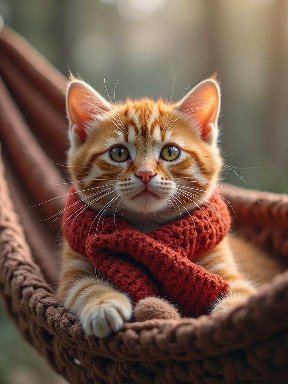 A cute cat lying in a hammock, wearing warm clothes.