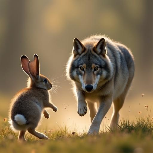 A rabbit is chasing a wolf in a natural setting. The rabbit has large ears and a curious expression. The wolf appears strong and confident. The background is a sunny, blurred landscape with tall grass.