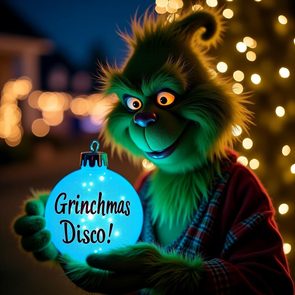 Night garden scene featuring Grinch. Grinch holds glowing blue Christmas bauble. Bauble marked with Grinchmas Disco. Twinkling lights create magical feel.