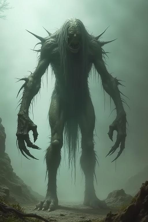 A monstrous creature stands tall over two meters with long arms ending in claws and a gnarled appearance. It moves fluidly in a misty, dark environment, evoking a terrifying presence.