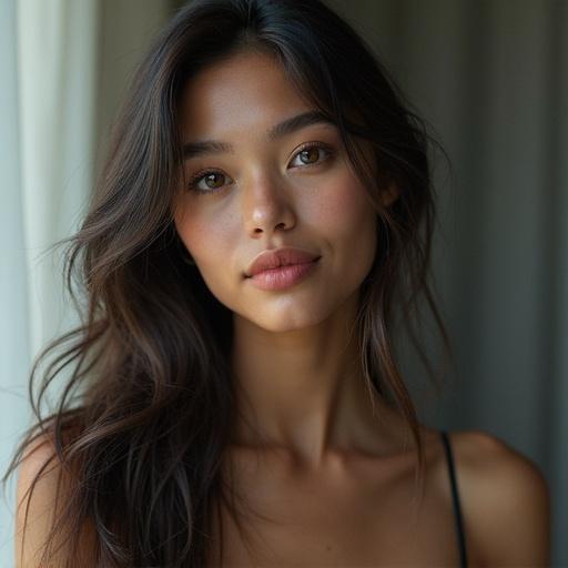 Highly realistic 3D rendering of a person with long hair and soft features. Natural makeup applied. Simple background for focus on the subject.