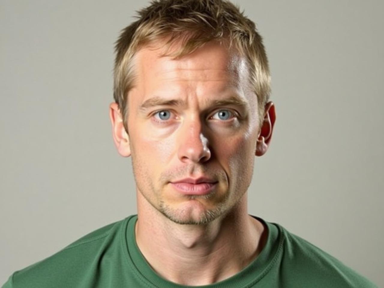 The image shows a man with short, light-colored hair and a serious expression. He has piercing blue eyes and is looking directly at the camera. The background is neutral and unobtrusive, which emphasizes the man's face. He is wearing a simple green shirt that adds to the casual yet serious tone of the image. The lighting highlights the contours of his face, giving it a somewhat dramatic effect. Overall, the image presents a striking portrait of the individual.