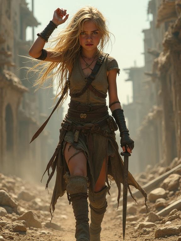 Fierce young blonde girl walks through ruins of a city. Hand above head. Sweat-slicked skin smeared with dirt. Untamed hair clings to face. Piercing eyes scan wreckage. Wearing battle-worn leather armor. Crude blade at hip. Dusty air thick with danger. Crumbling buildings cast shadows.