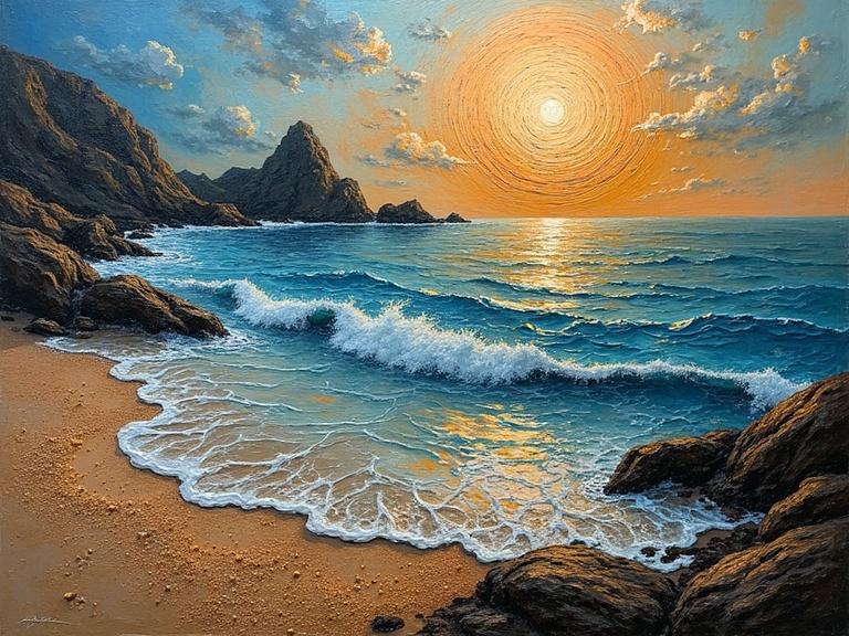 A stunning landscape depicting a beach scene at sunset. Bright sun sits on the horizon with swirling colors in the sky. Lush waves crash onto a sandy beach framed by rocky cliffs. Textural elements evoke depth. Warm and inviting tones dominate the scene. Artistic details showcase mixed media influence.