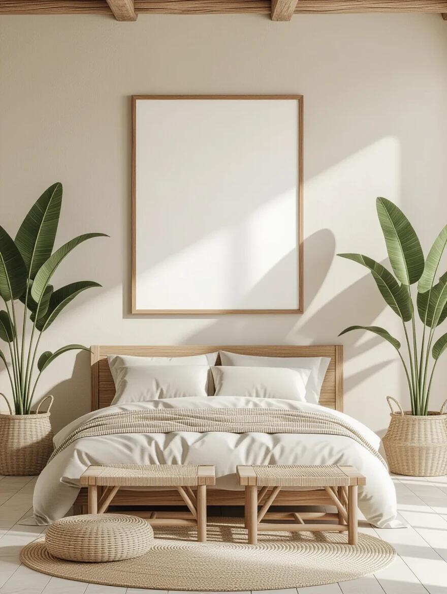 Wall art mockup features a medium-sized landscape picture frame with wooden frame located above a bed. The interior showcases sand colored and earthy tones. Two large plants are present along with various furniture pieces. The aesthetic promotes a zen-like mood. Light colored walls enhance the well lit room. Picture frames are clearly visible and unobstructed.
