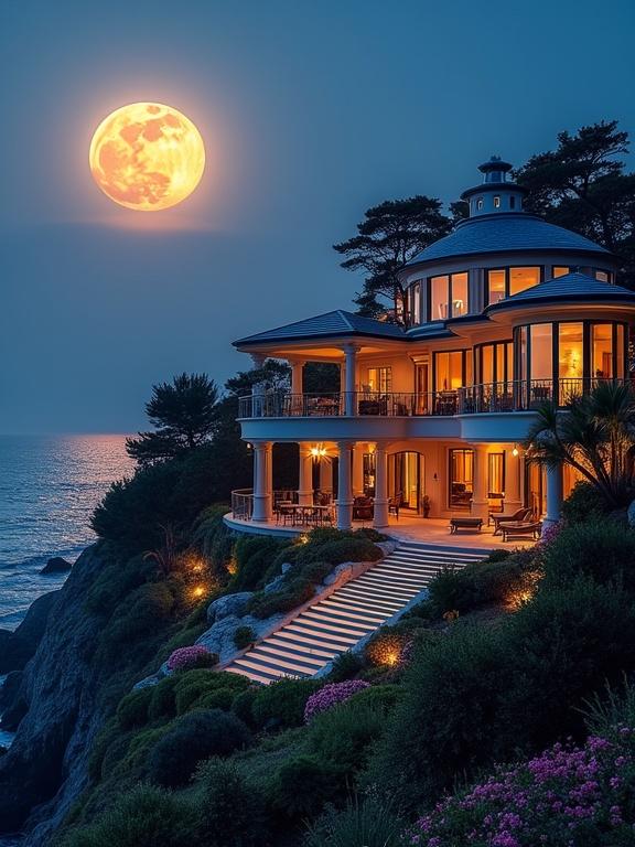 A luxurious Mediterranean-style mansion is located on a coastal hillside. The design has elegant curves and expansive glass windows. The property is illuminated by a full moon. Lush landscaping and vibrant flowers enhance the setting. Warm lights create an opulent night vibe overlooking the ocean.