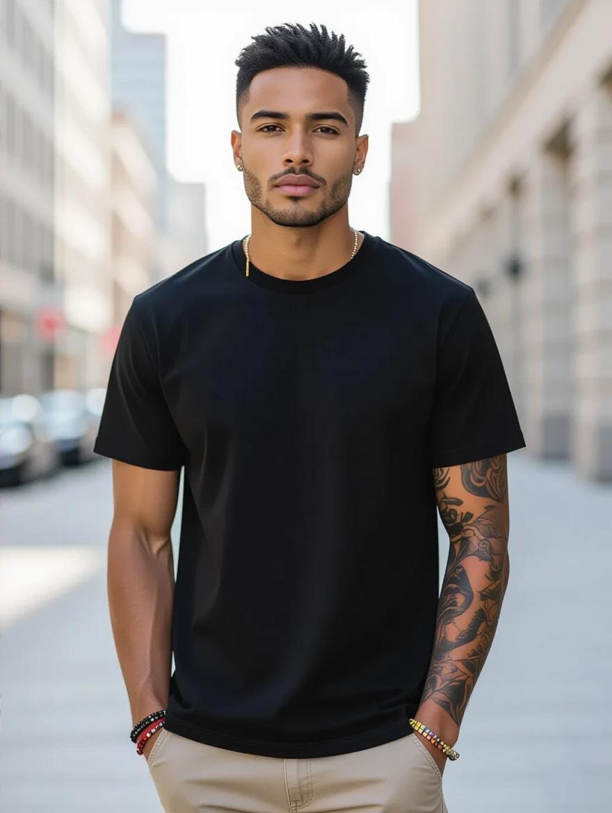 Young stylish African man wears plain black T-shirt. He stands casually in an urban environment. Soft daylight illuminates the scene. He displays a colorful tattoo sleeve on one arm. The fabric of the T-shirt appears smooth and realistic. His style is clean and simple. The background features a cityscape in neutral tones.