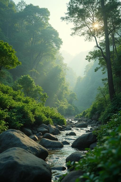 A serene forest landscape with a winding stream surrounded by lush greenery and bright sunlight filtering through trees. Rocks are scattered along the water's edge.