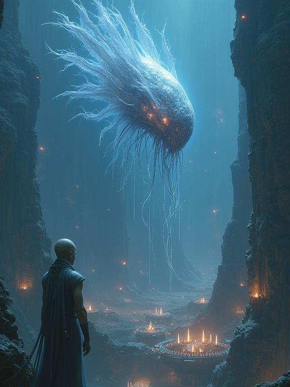 A telepathic Ba’ul with a jellyfish-like body hovers above a floating city. The Ba’ul features iridescent blue and silver hues. Delicate tendrils extend from its form. Surrounding are advanced technologies and a subdued Kelpien population below. The scene is styled in ethereal sci-fi surrealism with cool lighting.