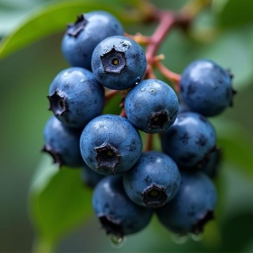 A bunch of shiny wet blueberries hanging from a tree. The blueberries are plump and glistening. They are in full view with natural green leaves in the background.