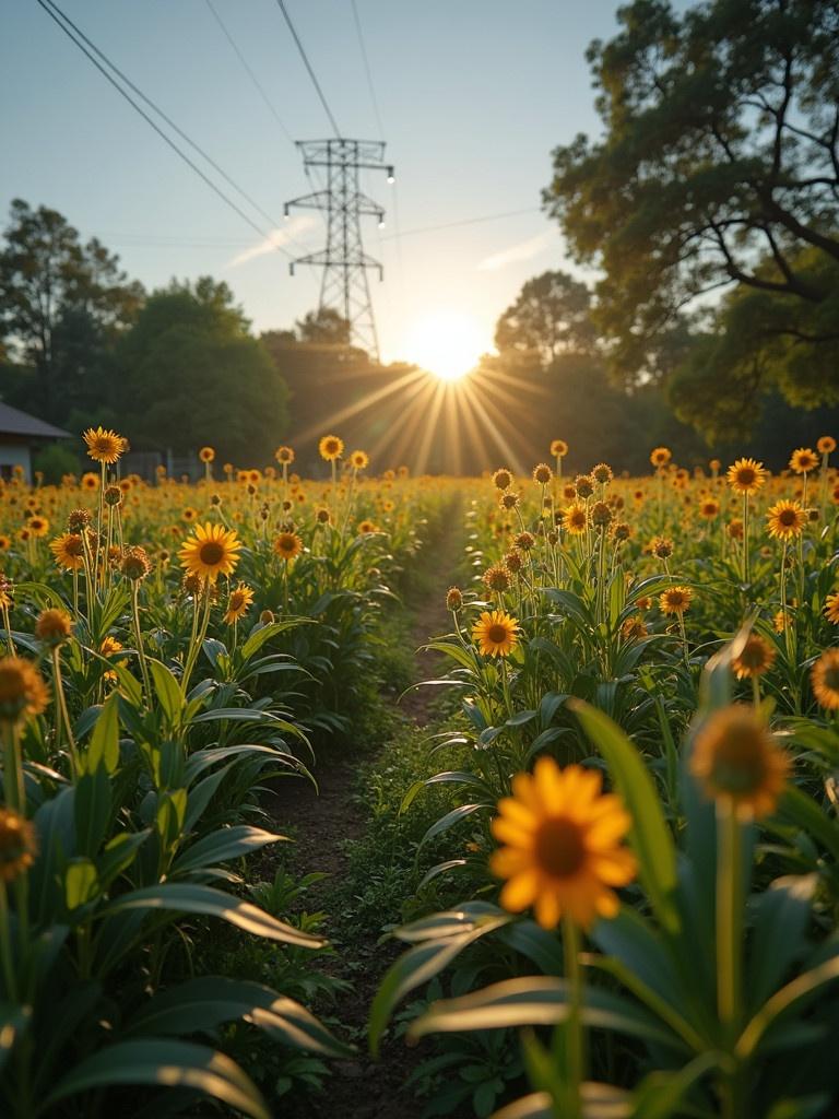 Sunflower field at sunset with bright flowers under a clear sky. Electric poles in the background. Warm golden light enhances beauty.