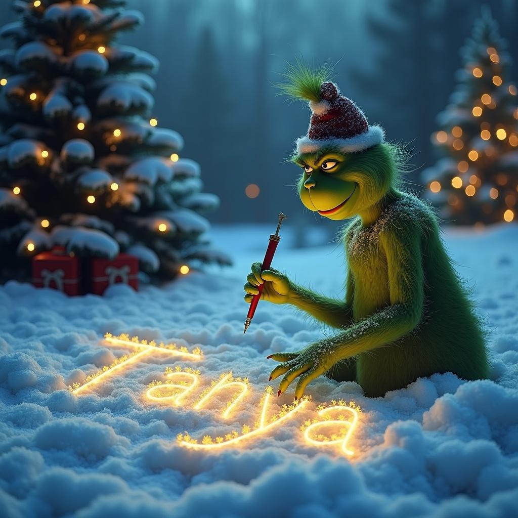 The Grinch writing the name Tanya in the snow. Christmas trees with lights are in the background.