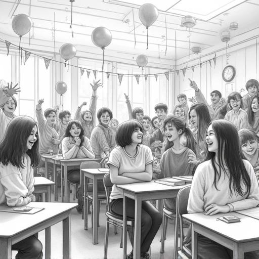 Highly detailed pencil sketch of a lively classroom filled with teen students. Students are engaged in laughter and celebration. Balloons and streamers decorate the room. Composition follows the rule of thirds. Wide shot at eye level shows the entire classroom. Chiaroscuro lighting contrasts celebration with soft shadows. Smooth blended shading with sharp lines maintains realism. Monochrome with true black-and-white.