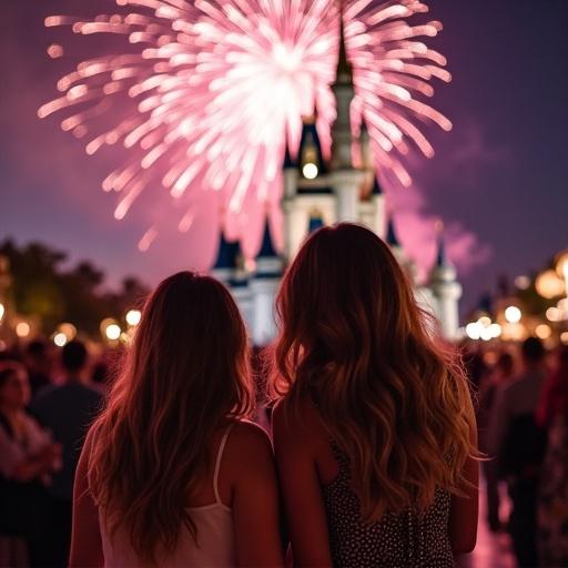 Two people enjoy fireworks at Disney World. Celebratory atmosphere with vibrant colors and night sky. Friends share a moment together.